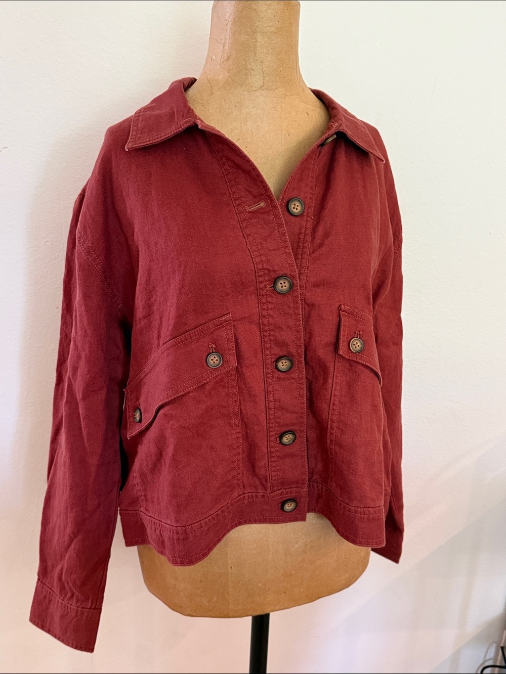 Garnet Hill sz M Harlow Linen Red Button-Front Cotton Jacket